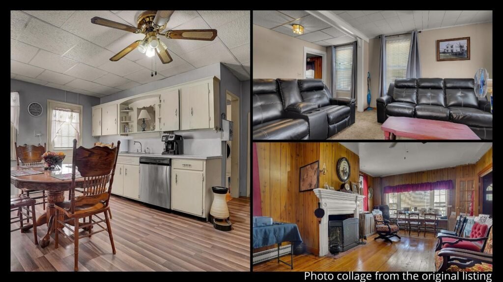 interior of farmhouse in Pennsylvania with original wood floors and fireplace living room