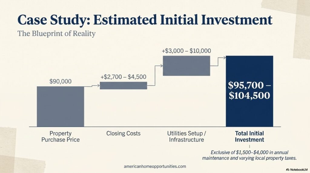 Table illustrating the initial and ongoing costs for a $90,000 property, including taxes, utilities, and maintenance.