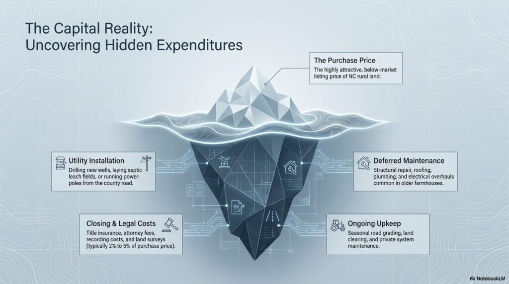 An iceberg infographic showing that the purchase price of NC rural land is only the visible part, with utility installation, maintenance, and closing costs hidden below the surface