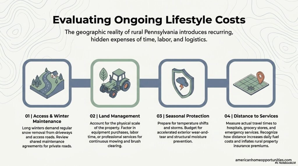 Informational graphic detailing hidden costs in PA like seasonal snow removal, rural insurance premiums, and distance to emergency services.