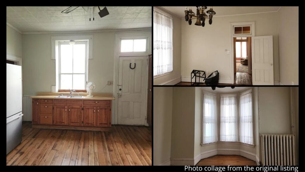 Interior collage of a historic brick farmhouse showing hardwood floors, tall windows, and spacious rooms in Huntingdon, Pennsylvania