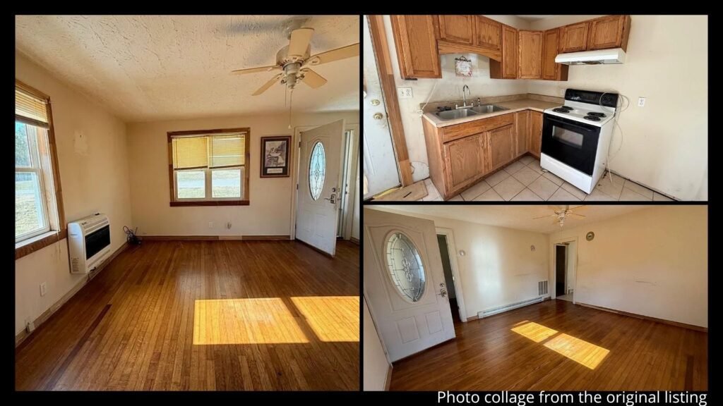 Interior collage of a rural Kentucky farmhouse showing hardwood floors, kitchen, and living areas