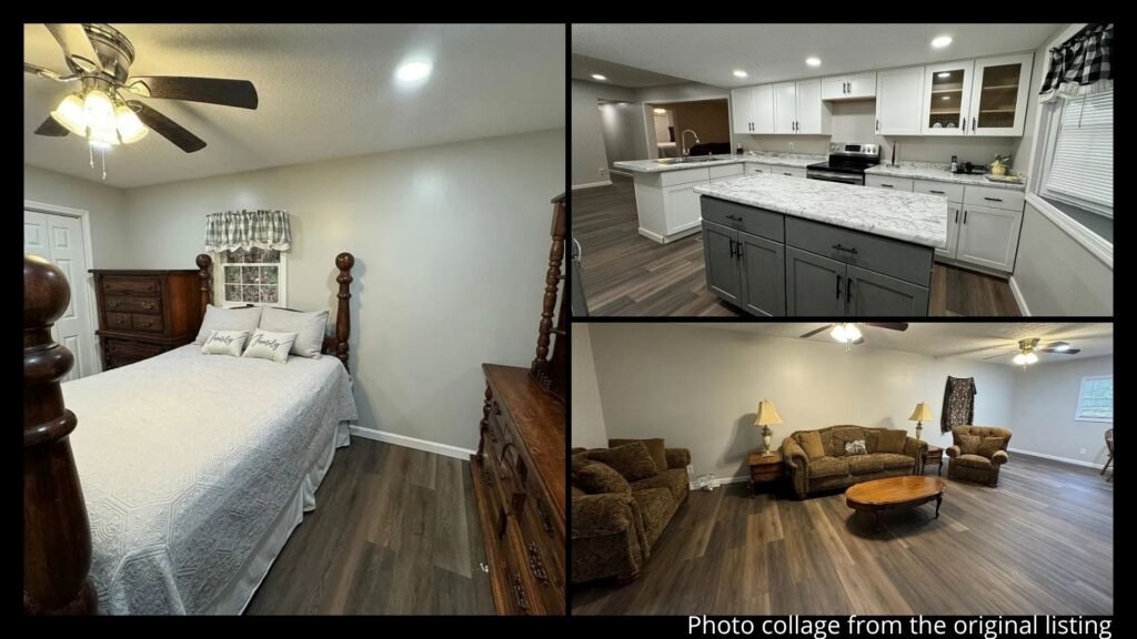 Interior collage of a fully renovated rural Kentucky home showing updated flooring, windows, and living areas in Fedscreek, Kentucky