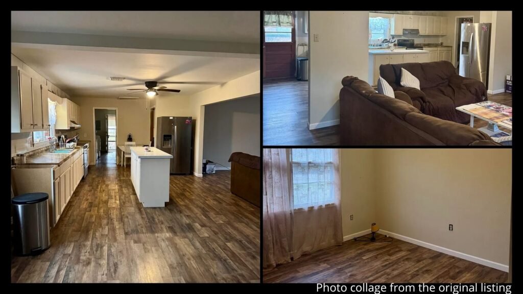 Interior collage of a fully renovated rural home showing updated flooring, kitchen, and living areas in Lowland, North Carolina