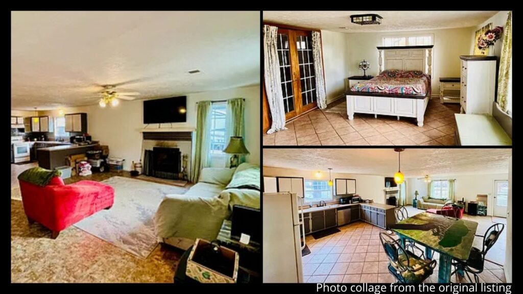 Interior collage of a rural Tennessee home showing a fireplace, large sunroom, and open living areas in Middleton, Tennessee