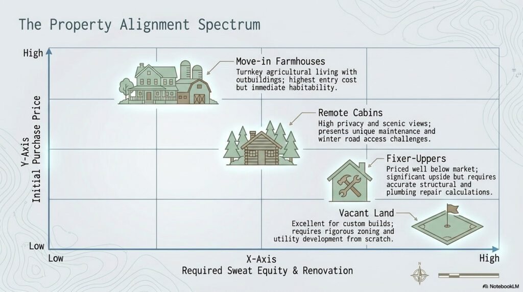 A graph plotting different rural property types—like farmhouses, cabins, and fixer-uppers—based on initial purchase price versus required sweat equity