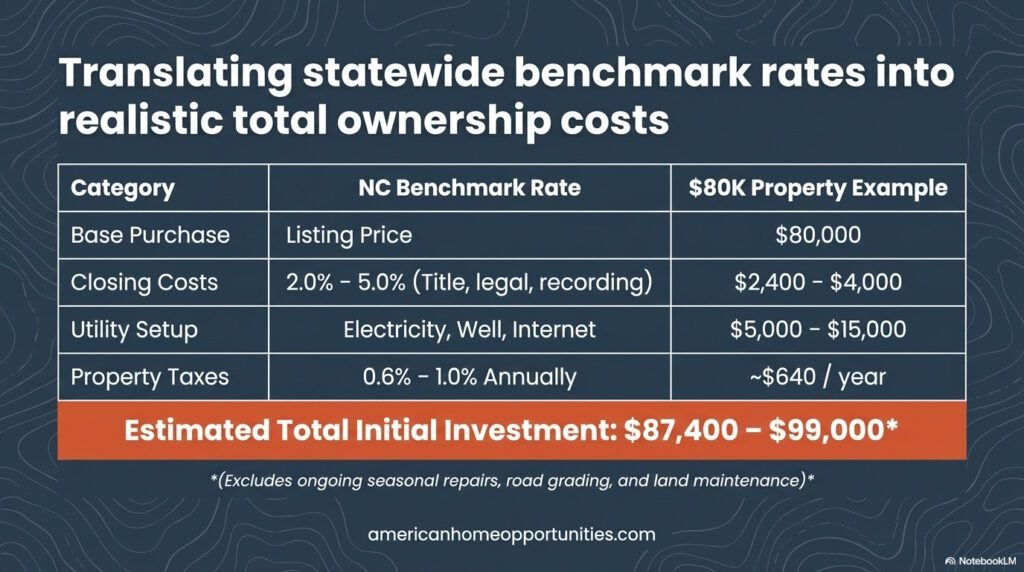 Comparison table showing NC property tax rates (0.6%-1%) and closing costs (2%-5%) for rural real estate.