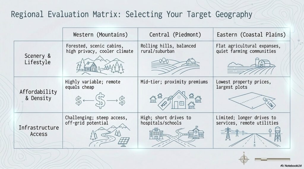 A comparison matrix of Western, Central, and Eastern North Carolina regions showing scenery, lifestyle, affordability, and infrastructure access
