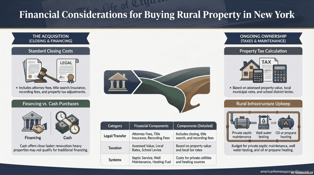 Infographic detailing the financial aspects of NY rural real estate: closing costs, property taxes, and maintenance expenses.