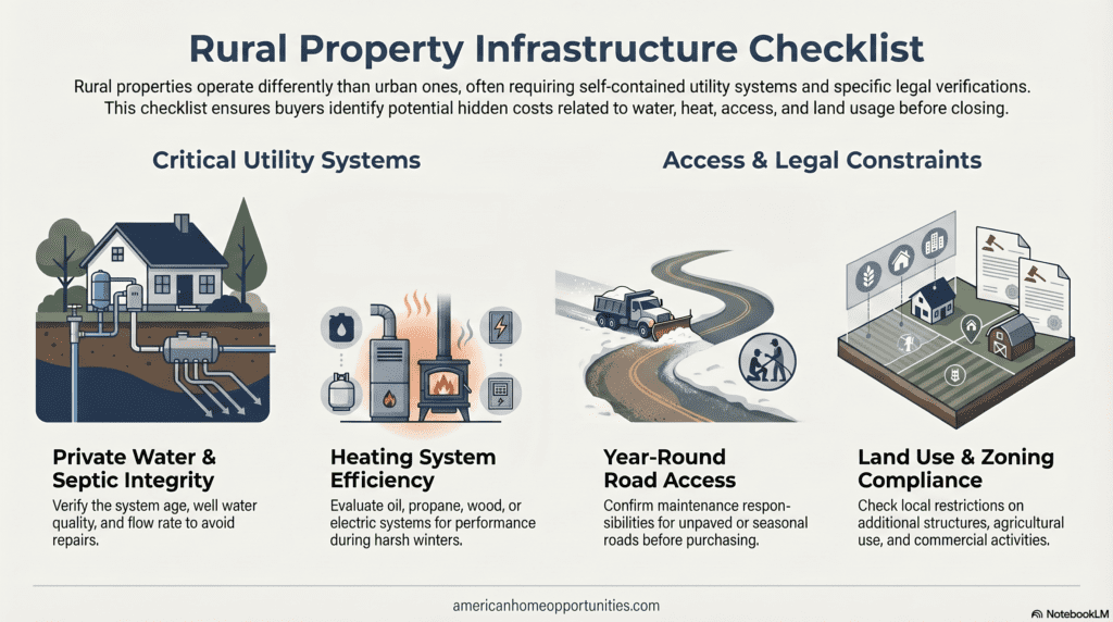 Rural property checklist for New York including septic systems, well water, heating types, and road access.