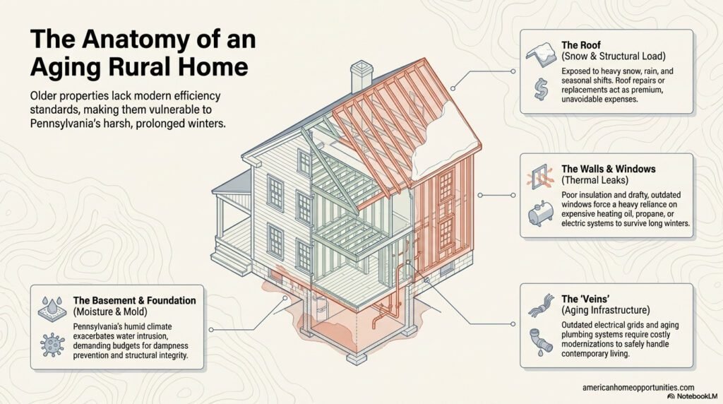 Isometric cutaway of an older Pennsylvania farmhouse highlighting thermal envelope issues, outdated heating systems, and moisture-related risks.