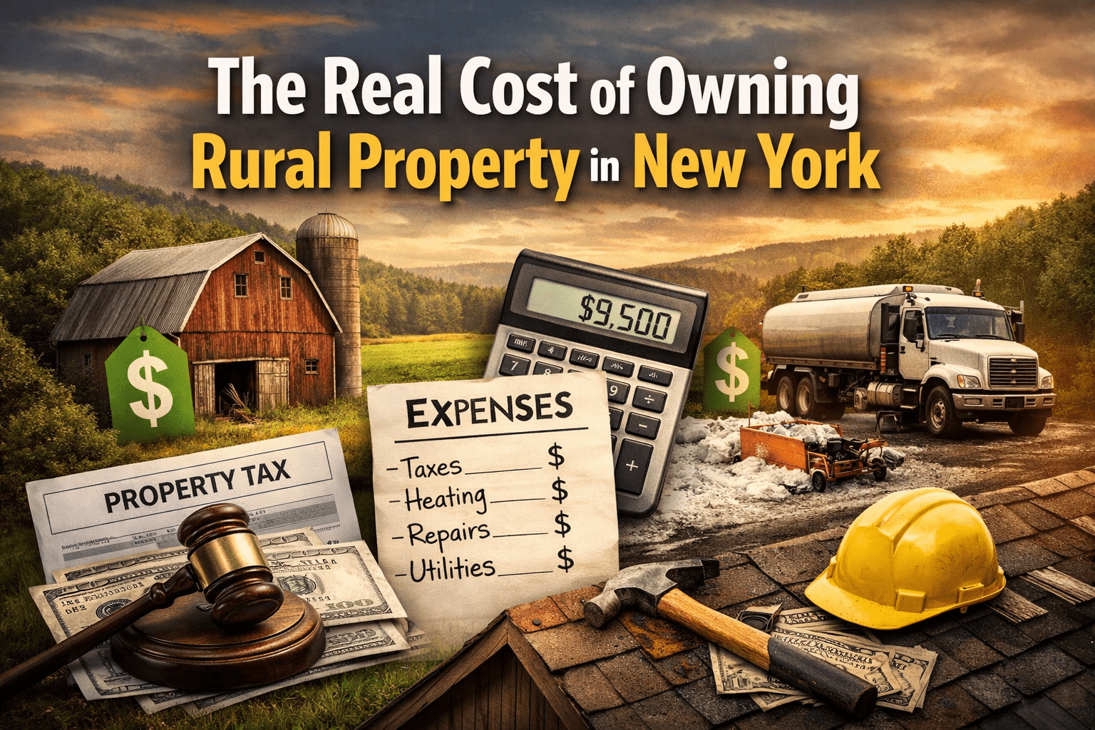 cost of owning rural property in New York farmhouse with land and countryside landscape