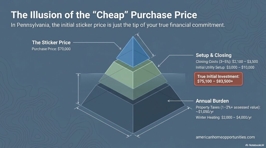 3D pyramid diagram showing the total cost of owning rural property in Pennsylvania, including purchase price, closing costs, taxes, and utility setup.