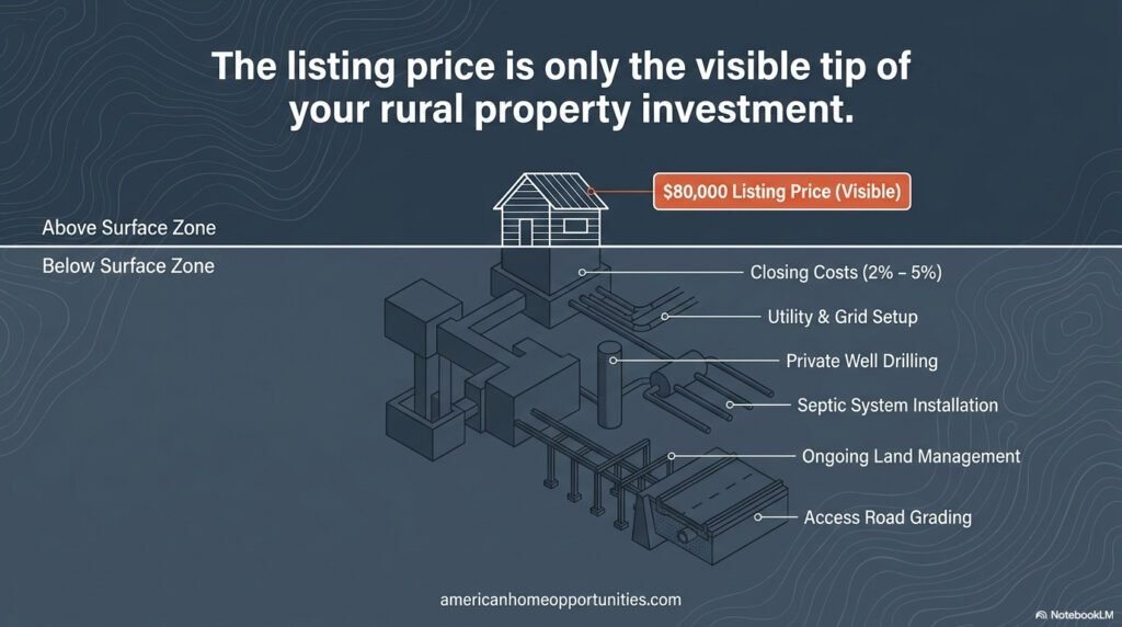 Infographic showing the hidden costs of rural property in NC as an iceberg: listing price above water, and closing costs, utilities, and taxes below.