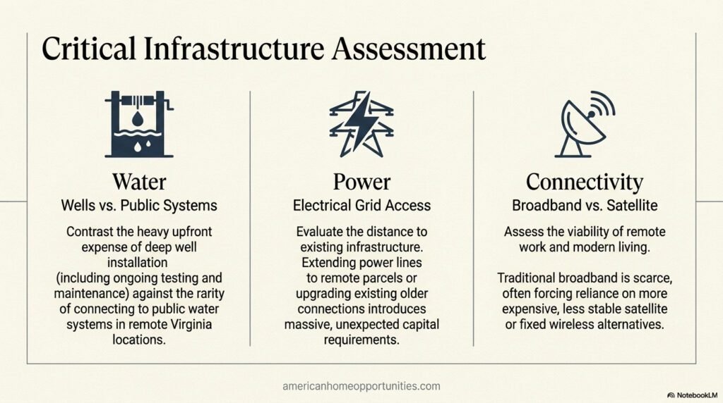 Checklist for evaluating water wells, electrical grid access, and high-speed internet availability for rural properties.