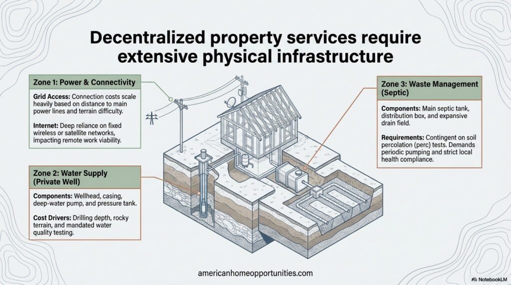 Technical diagram showing a cross-section of a rural property with a private well, septic system, and electrical grid connection.
