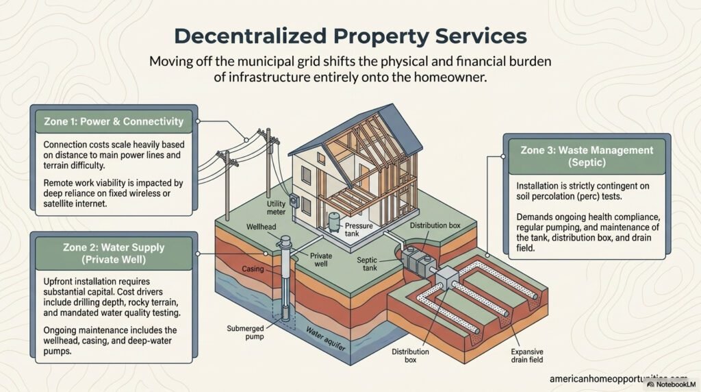 Infographic checklist for rural PA land including private well water systems, grid access costs, and septic system compliance.
