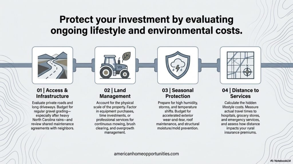 Step-by-step checklist icon flow covering road maintenance, land clearing, and seasonal property protection.