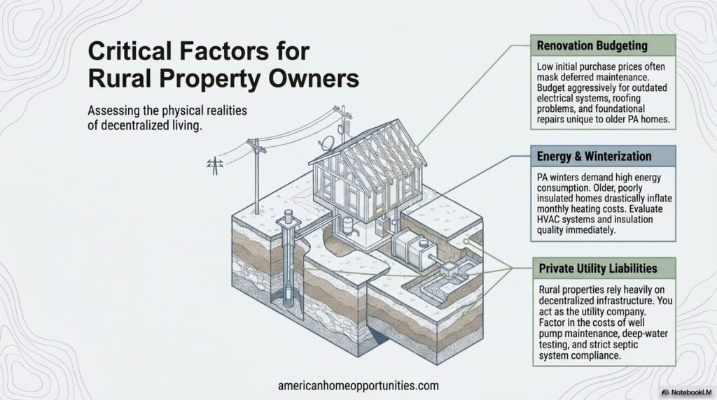  Diagram showing structural and utility factors for rural PA homes, such as well water, septic systems, and winter heating.