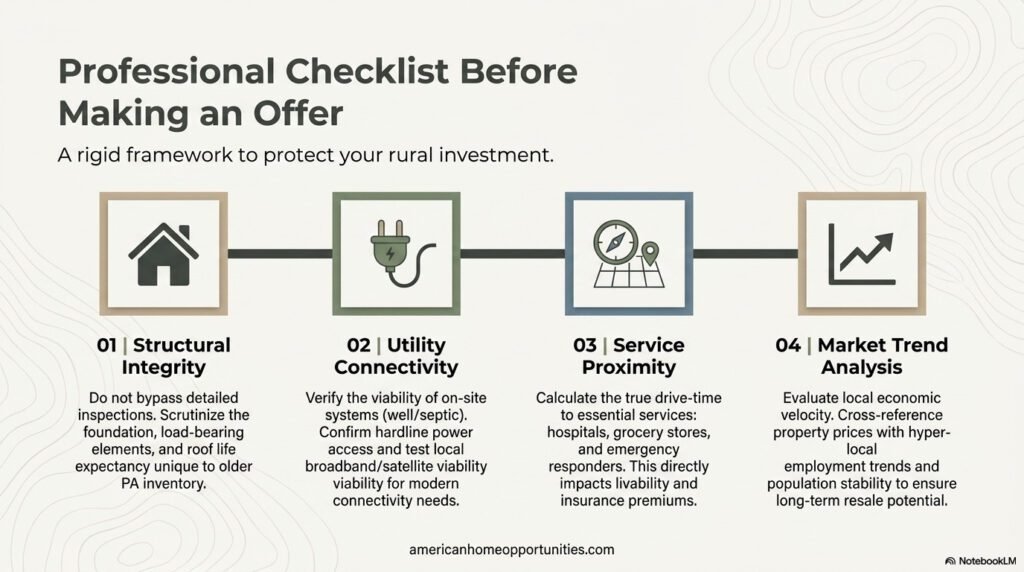 A 4-step professional checklist for evaluating rural property before making an offer in Pennsylvania.