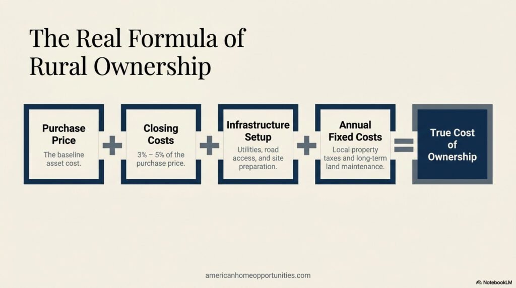 Infographic showing the total cost components of rural property ownership in Virginia: purchase price, closing costs, infrastructure, and fixed annual expenses.