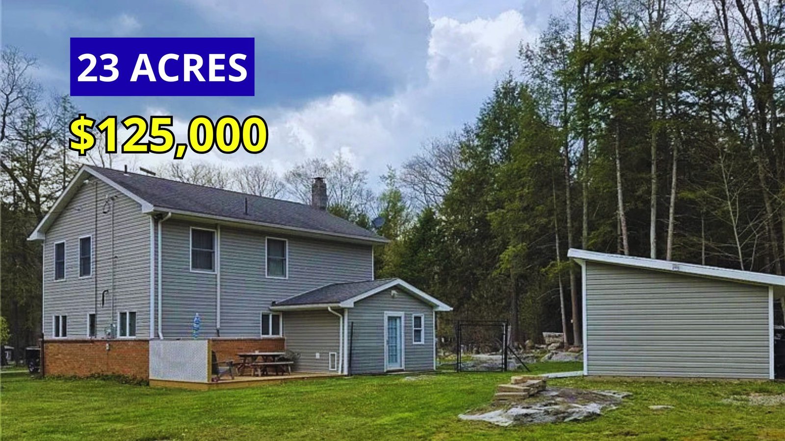 Exterior view of a renovated two-story home on the Susquehanna River accessed through a historic covered bridge for sale at $125,000 in Mahaffey, Pennsylvania