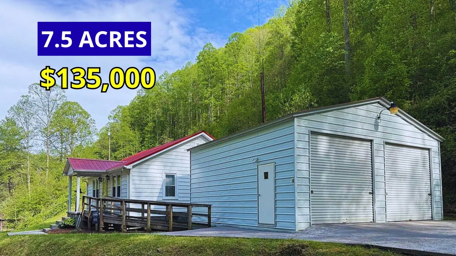 Exterior view of a freshly updated cottage on 7.5 acres with a natural spring and heated garage for sale at $135,000 in Grundy, Virginia