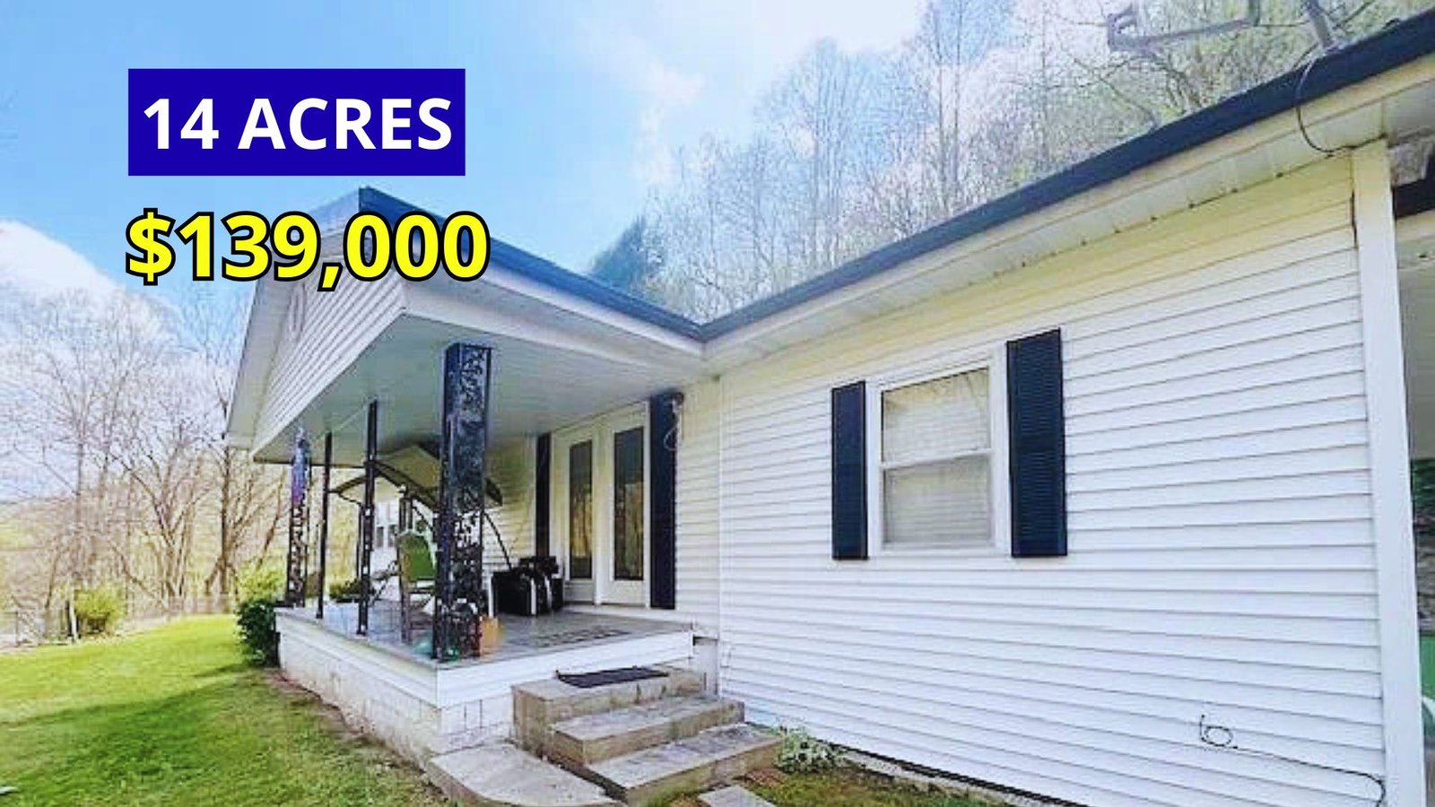 Exterior view of a move-in ready home on 14 acres with four flat areas for sale at $139,000 in Belcher, Kentucky