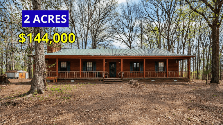 Exterior view of a 1,682 square foot home with a 30-foot family room and gas fireplace on 2 wooded acres for sale at $144,000 outside Jackson, Tennessee
