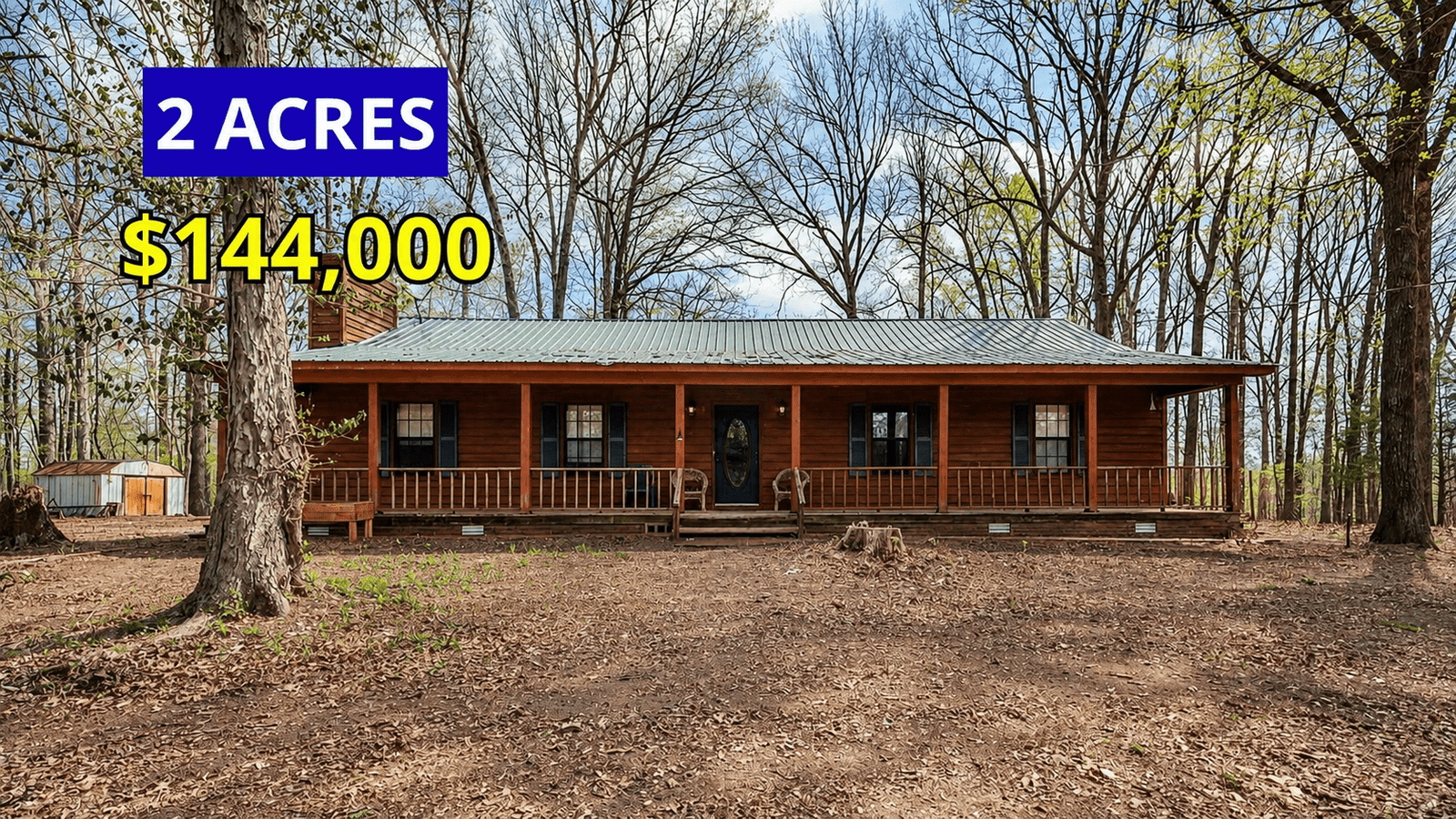 Exterior view of a 1,682 square foot home with a 30-foot family room and gas fireplace on 2 wooded acres for sale at $144,000 outside Jackson, Tennessee