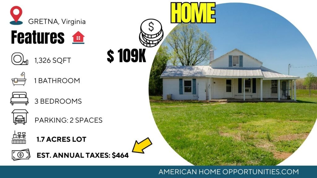 older bungalow in Gretna Virginia on 1.7 acres with views, wood floors, and fixer-upper potential