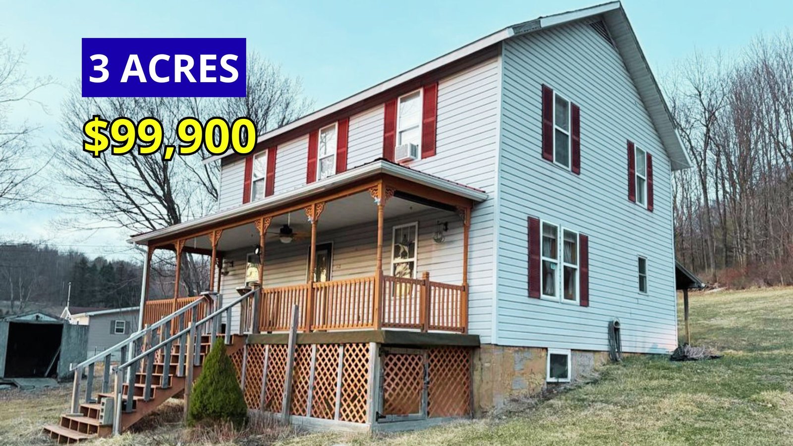 Exterior view of a 1930 four-bedroom home on 3 acres with great views for sale at $99,900 in Rossiter, Pennsylvania