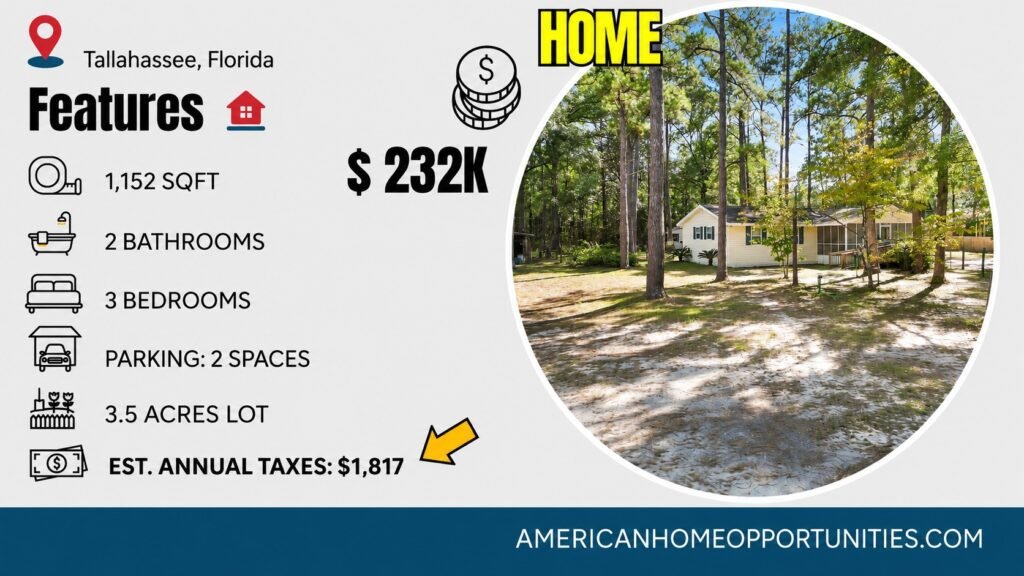 Cheap farmhouse on 3 acres of land for sale in Tallahassee, Florida.