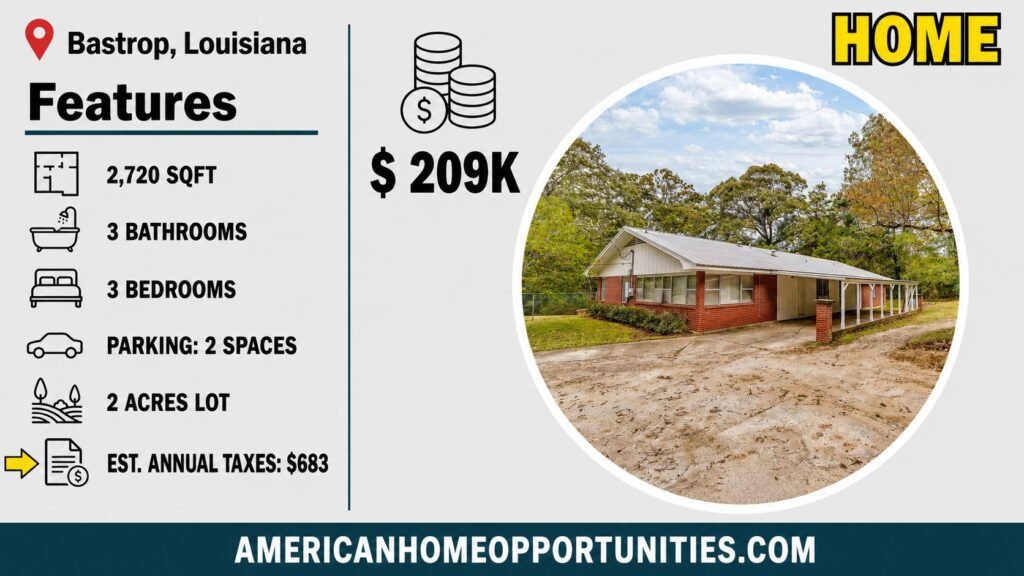 Cheap farmhouse in Bastrop, LA — $209.9K, 3 bed, 3 bath, 2,720 sqft, 2 acres