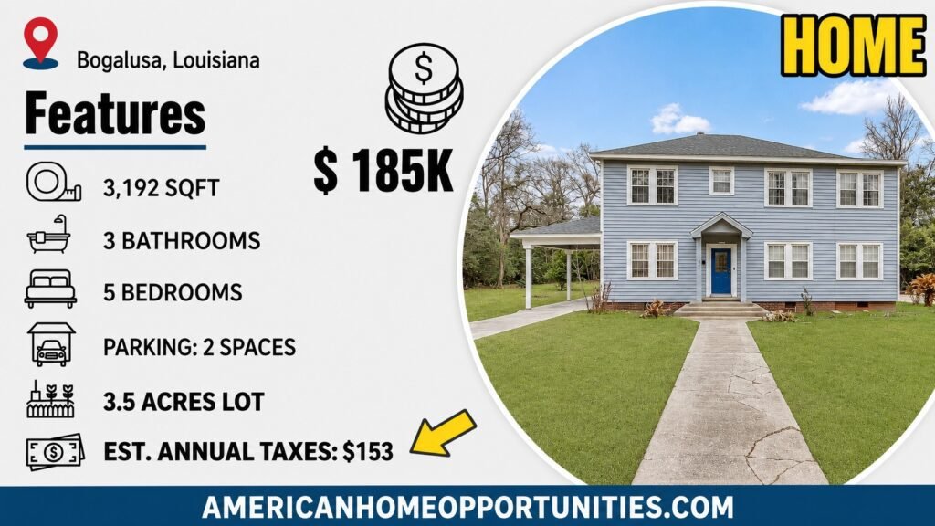 Cheap farmhouse in Bogalusa, LA — $185K, 5 bed, 3 bath, 3,192 sqft, 3.5 acres