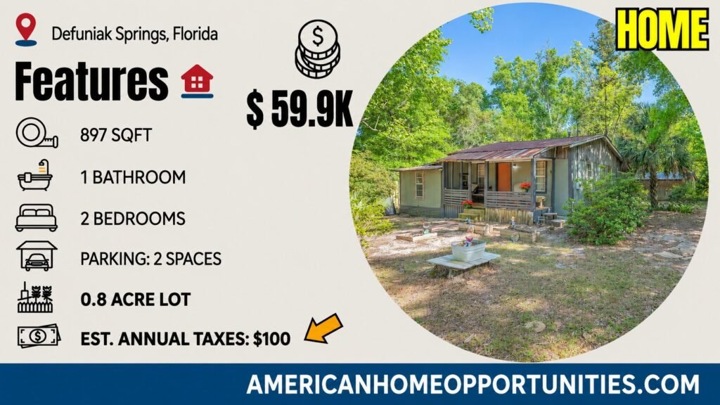 Cheap farmhouse cabin for sale in DeFuniak Springs, Florida, surrounded by trees.
