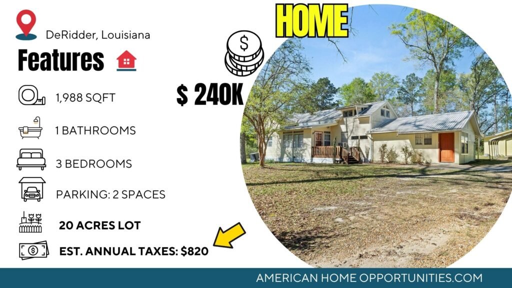 Cheap farmhouse in DeRidder, LA — $240K, 3 bed, 1 bath, 1,988 sqft, 20 acres