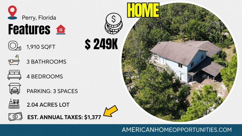 Cheap dual-unit farmhouse for sale in Perry, Florida, ideal for multi-family living or rental income.