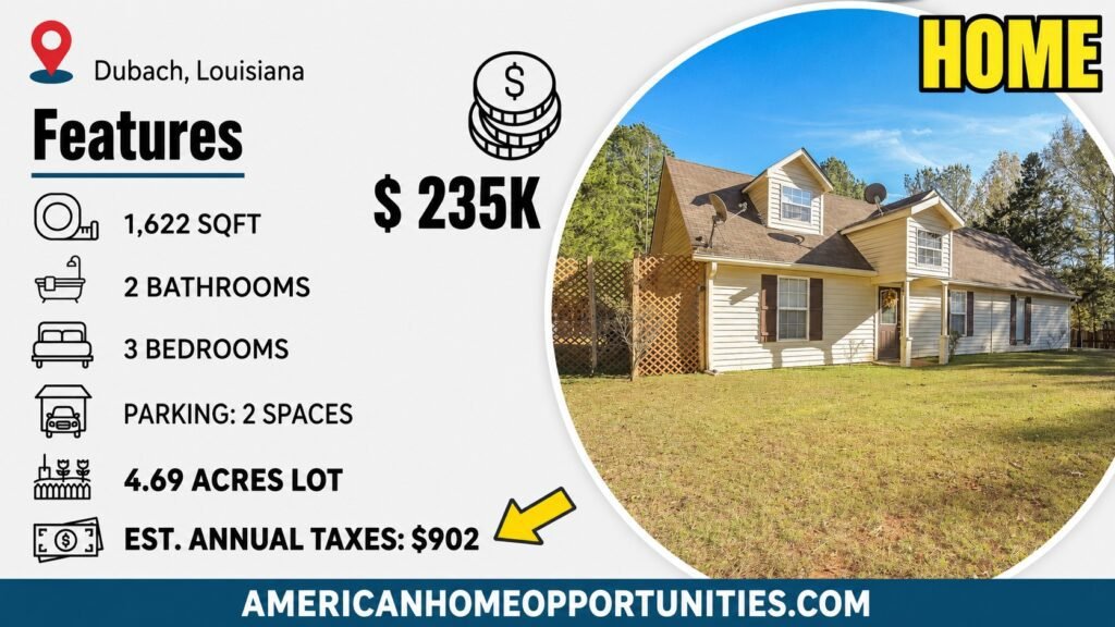 Cheap farmhouse in Dubach, LA — $235K, 3 bed, 2 bath, 1,622 sqft, 4.69 acres