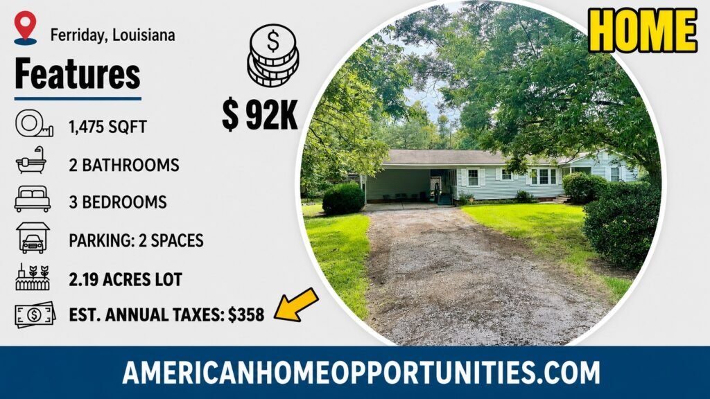 Cheap farmhouse in Ferriday, LA — $92K, 3 bed, 2 bath, 1,475 sqft, 2.19 acres