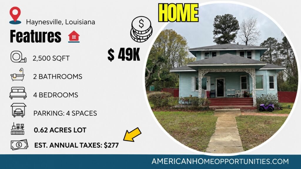 Cheap farmhouse in Haynesville, LA — $49.9K, 4 bed, 2 bath, 2,500 sqft, 0.62 acres