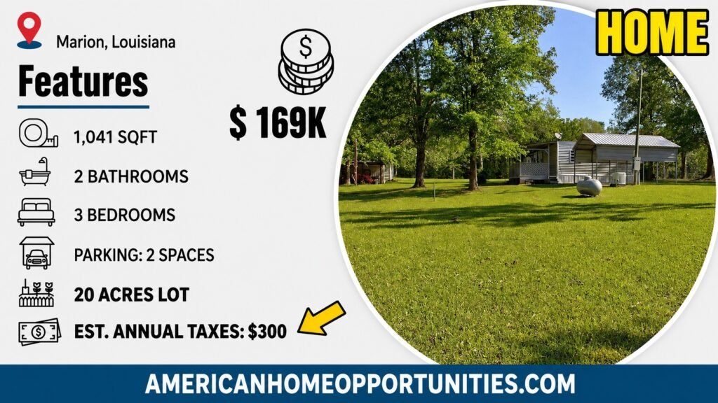 Cheap farmhouse in Marion, LA — $169.9K, 3 bed, 2 bath, 1,041 sqft, 20 acres
