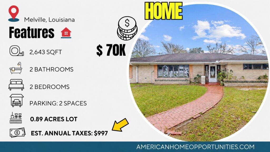 Cheap farmhouse in Melville, LA — $70K, 2 bed, 2 bath, 2,643 sqft, 0.89 acres