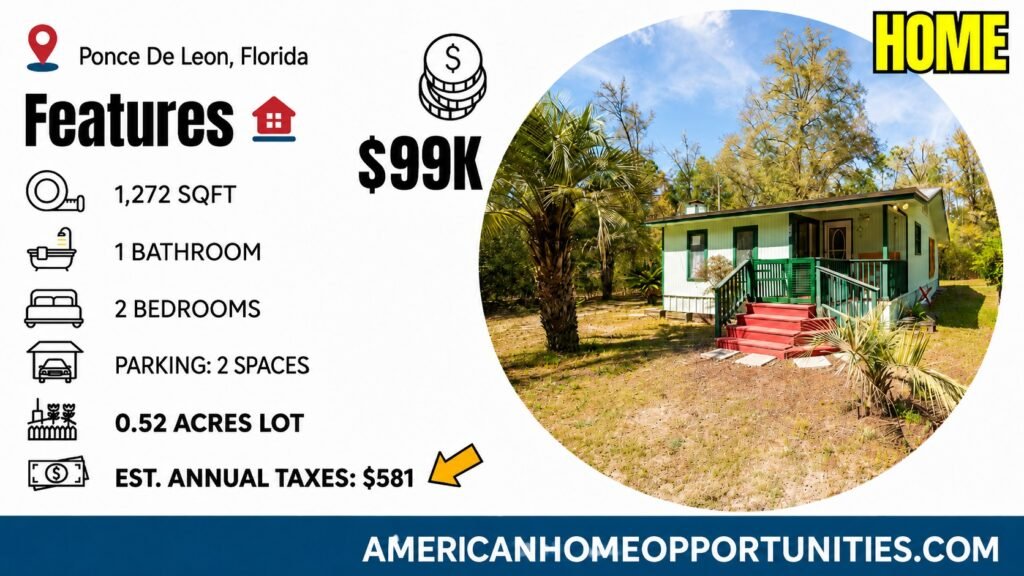 Cheap farmhouse for sale in Ponce de Leon, Florida, with a classic design.