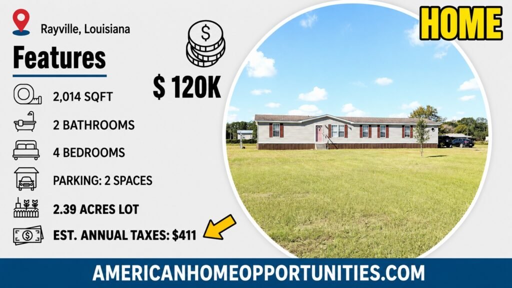 Cheap farmhouse in Rayville, LA — $120K, 4 bed, 2 bath, 2,014 sqft, 2.39 acres