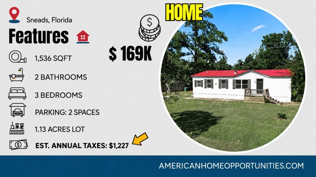 Cheap farmhouse for sale in Sneads, Florida, with a rustic look.