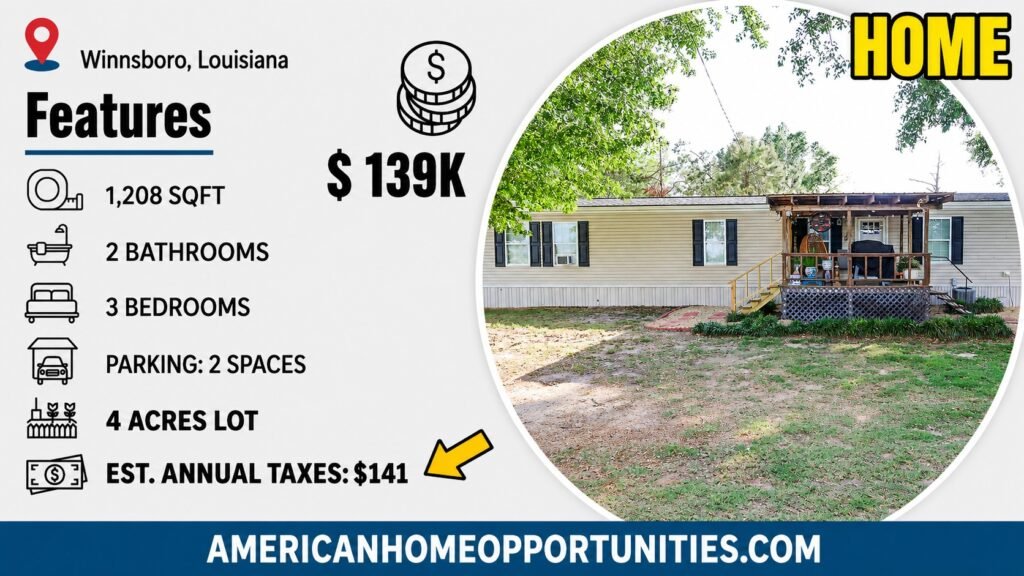 Cheap farmhouse in Winnsboro, LA — $139K, 3 bed, 2 bath, 1,208 sqft, 4 acres