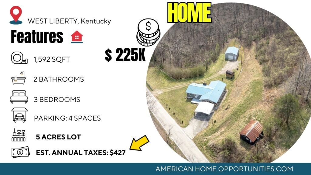 Cheap farmhouse on 5 wooded acres in West Liberty Kentucky with detached garage and barn