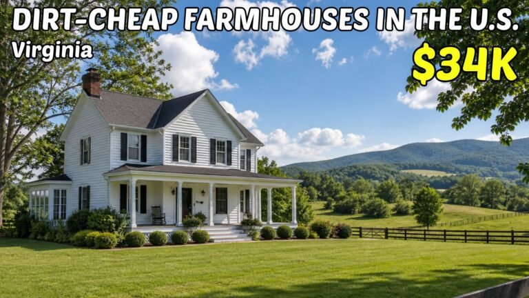 white farmhouse with land in rural Virginia with mountain views and open pasture