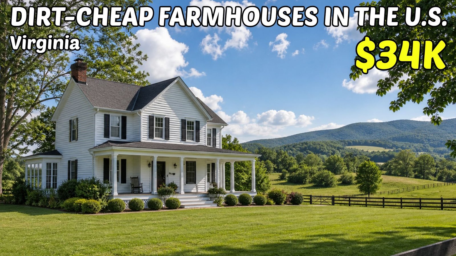 white farmhouse with land in rural Virginia with mountain views and open pasture